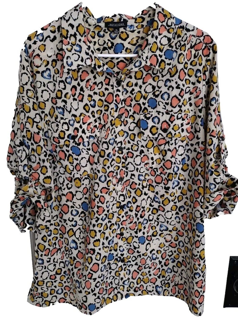 Vtg 80s 90s Notations top bright leopard popover collared XL